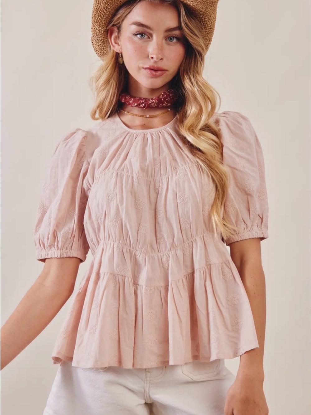 Listicle Blush Pink Peplum Puff Sleeve Blouse